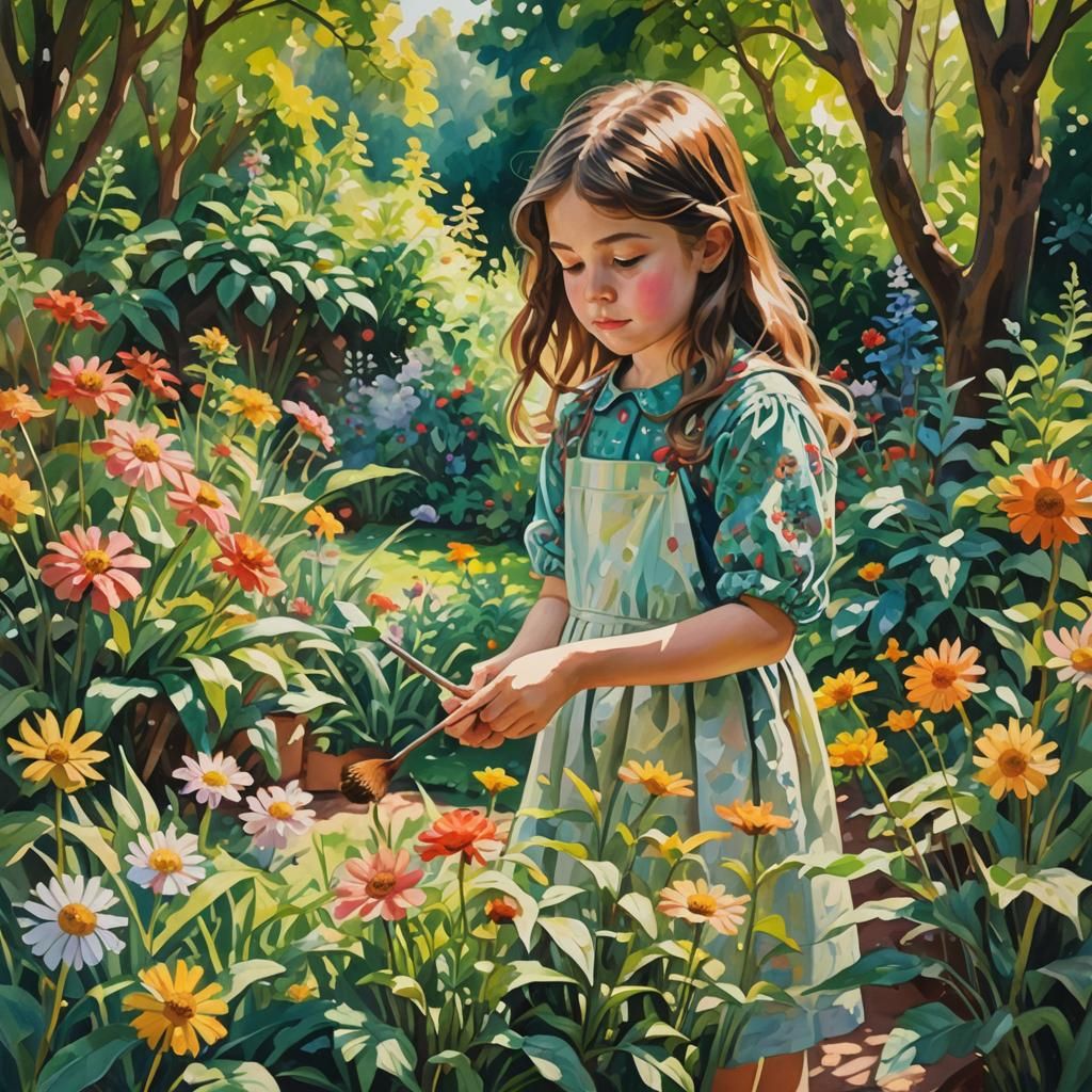 Girl Painting in Sunlit Garden: Impressionist Masterpiece