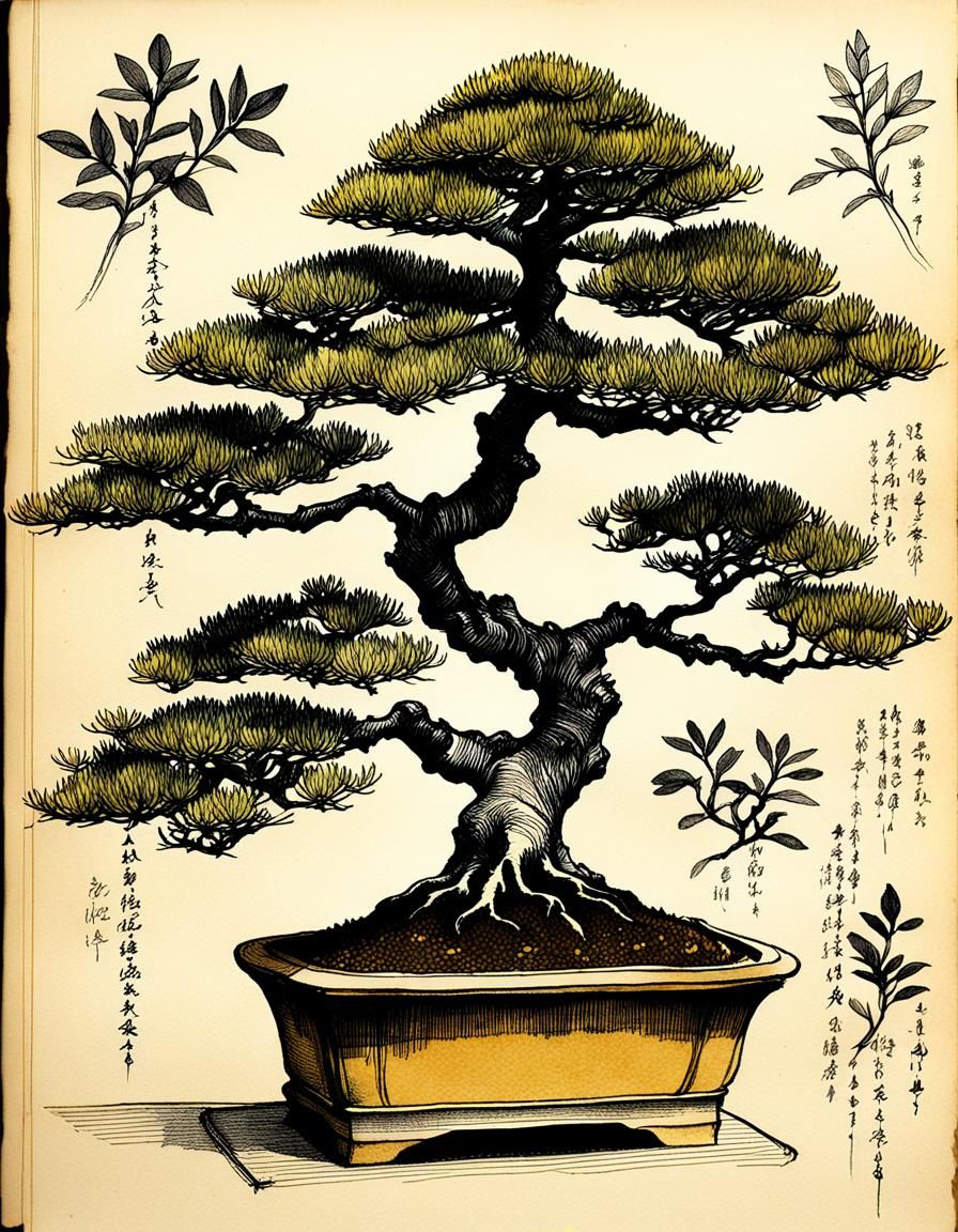 Detailed Botanical Ink Sketch of a Bonsai Tree