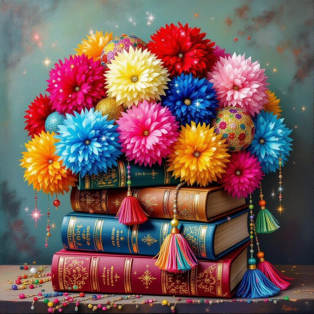 Sparkling Pom Pom Books in Surrealist Style