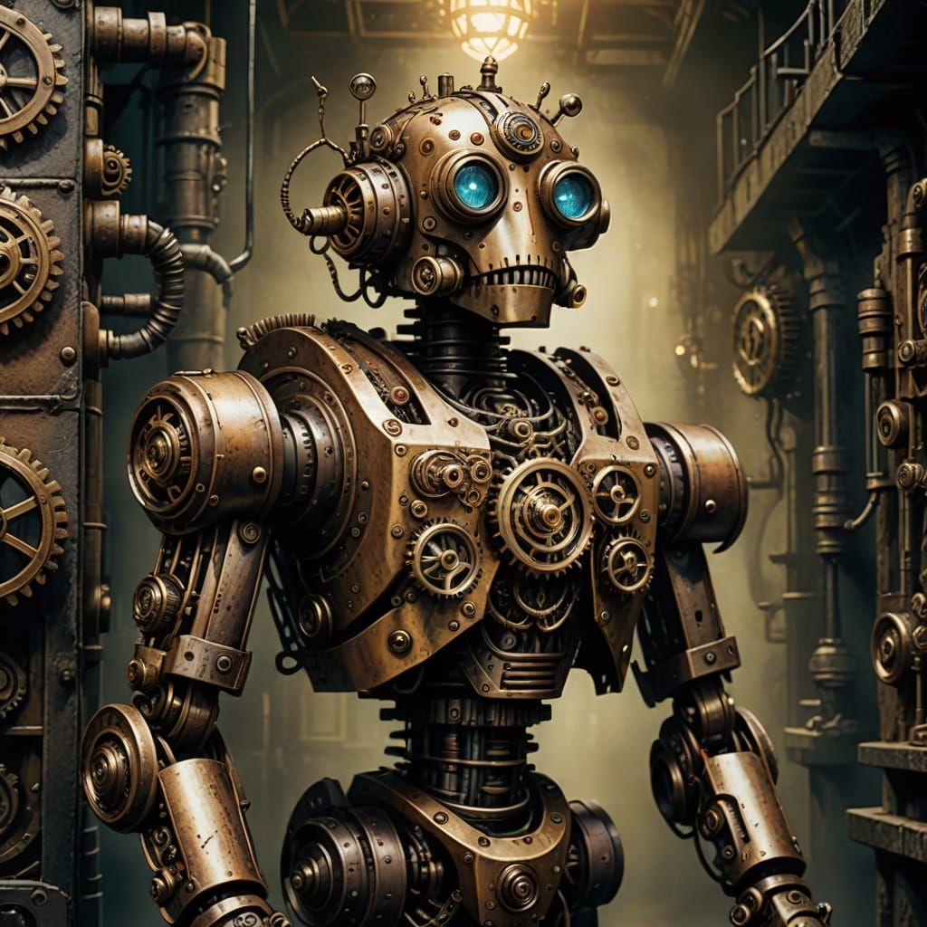 Steampunk Robot in Alley, Pen, Ink, and Watercolor