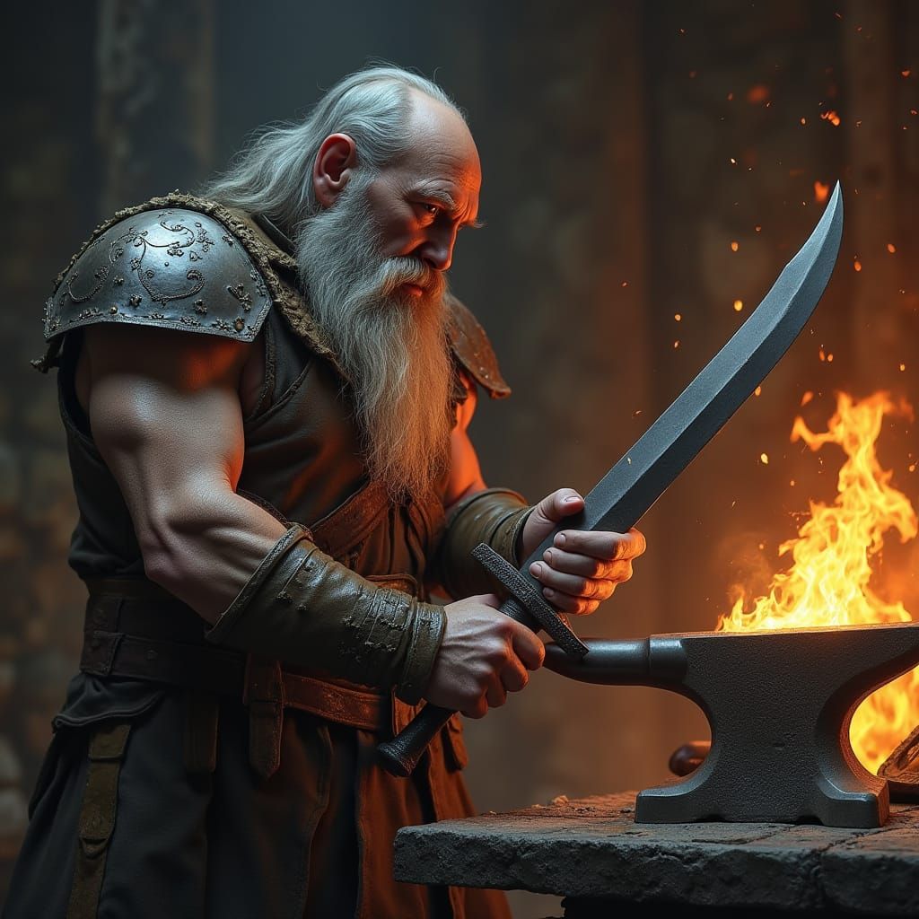 Dwarven Smith Forging Dagger on Anvil
