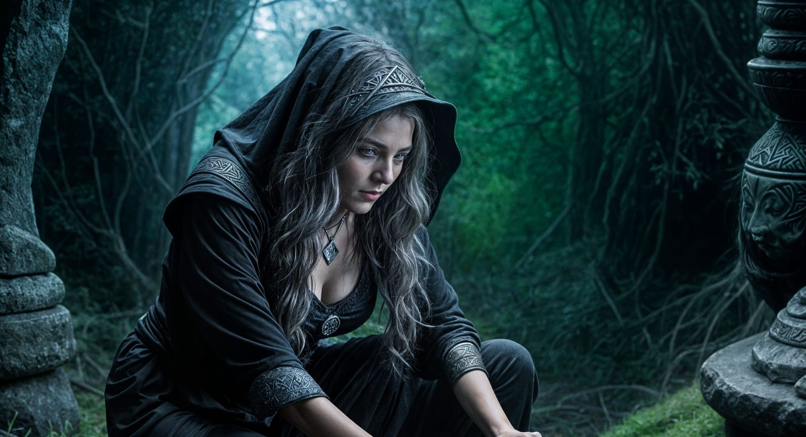 Young Witch Casting a Spell with Runed Knife