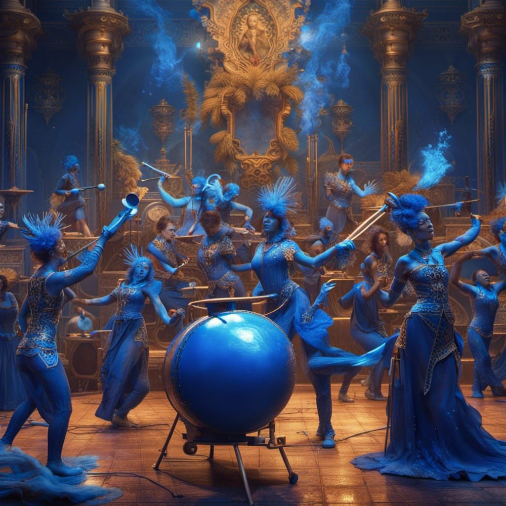 Blue Women Paint Audience: Detailed Fantasy Art