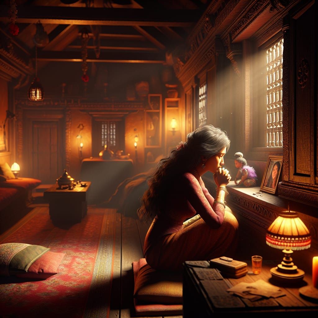 Sad Nepali Woman in Dimly Lit Room, Regretful Gaze