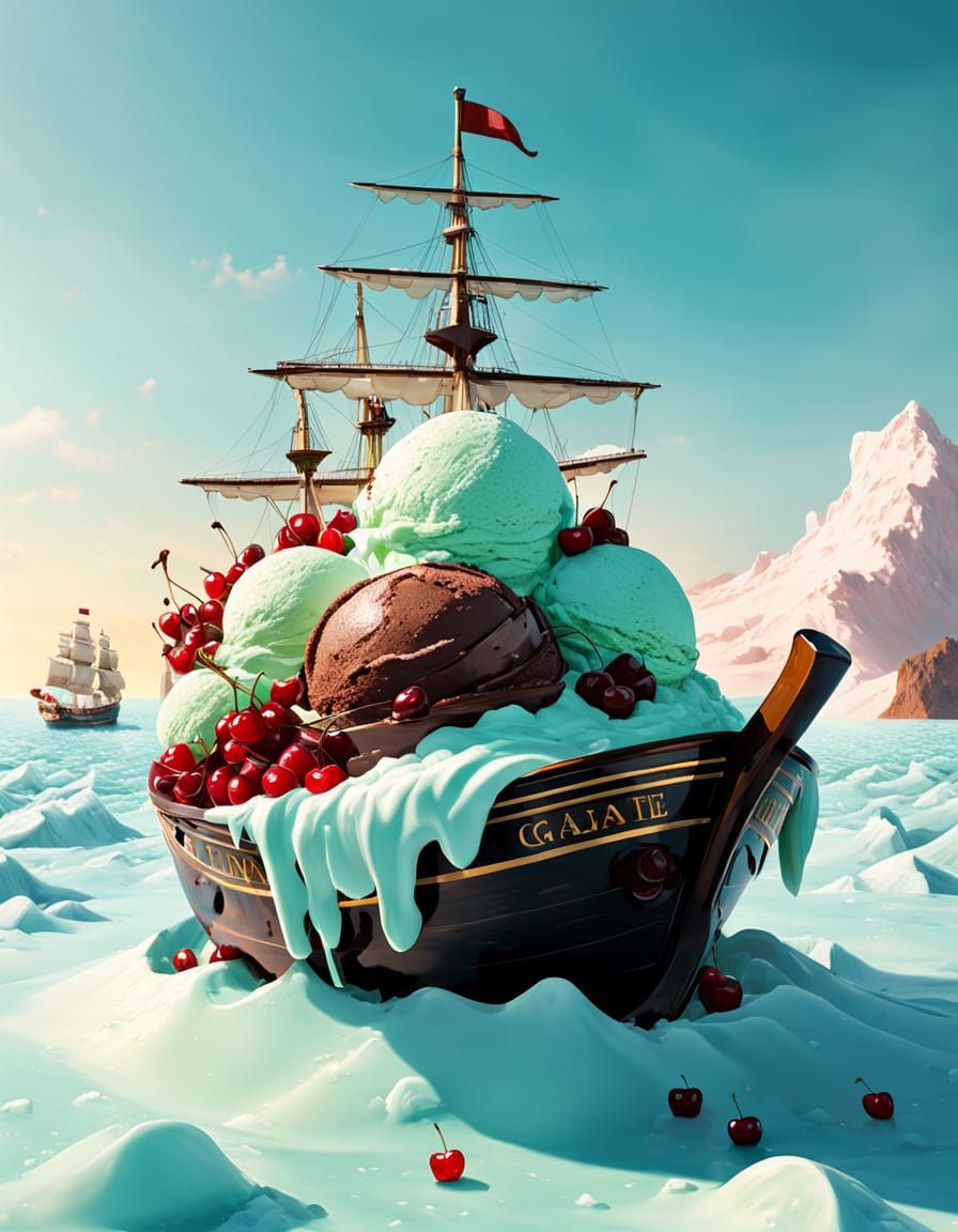 Ice Cream Galleon on Mint Sea: Surreal Photorealism
