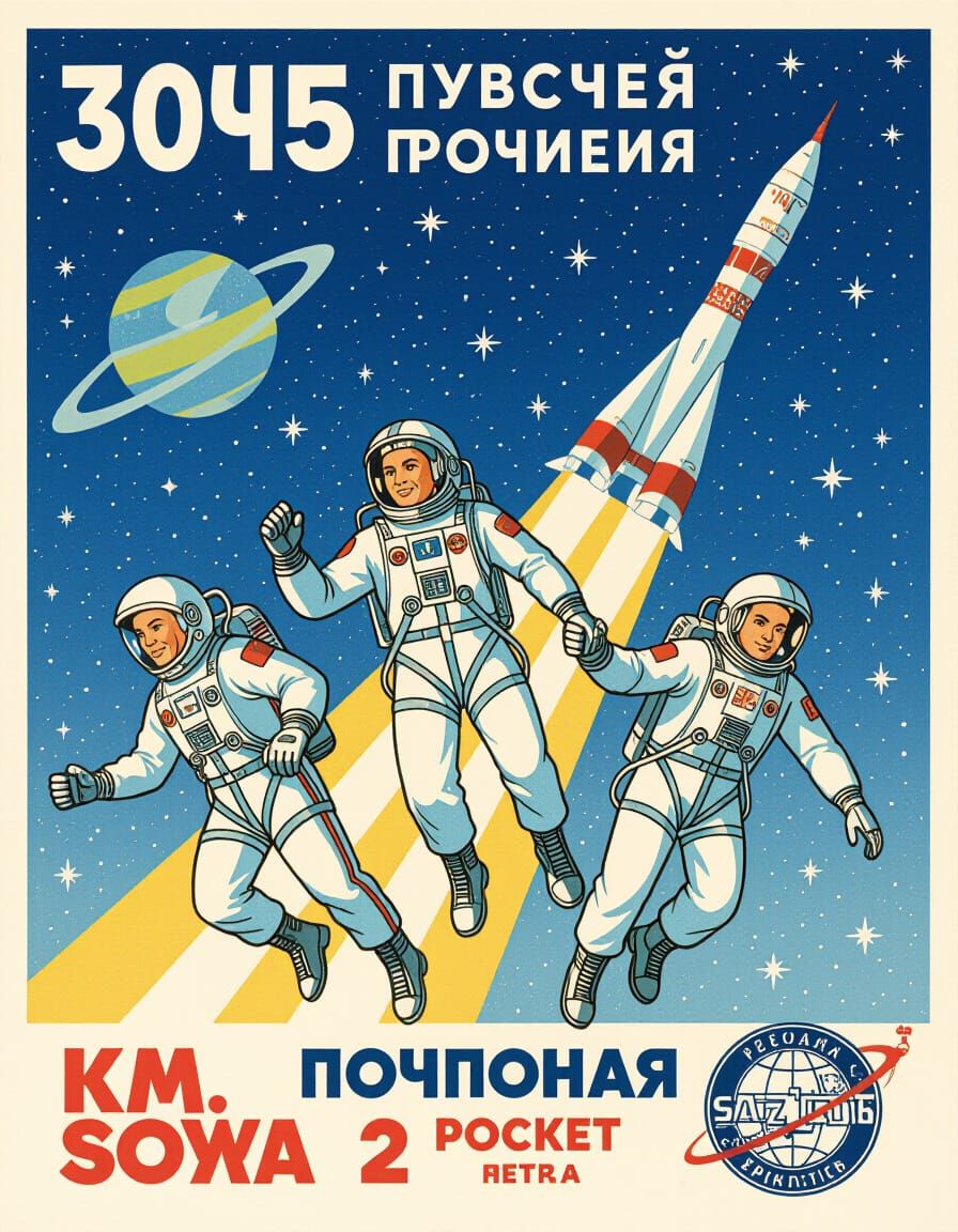 Retro Soviet Cosmonauts in Starry Sky