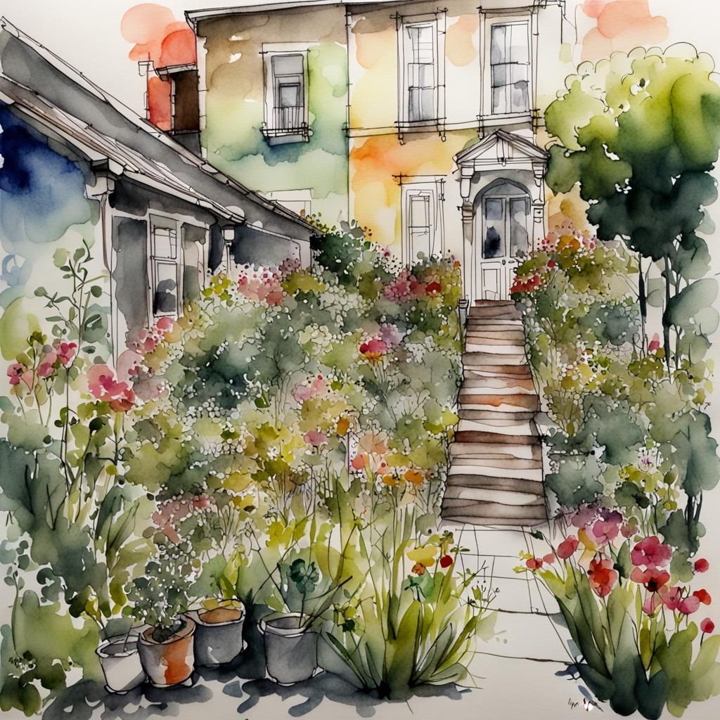 Watercolor Urban Sketch: House in Garden