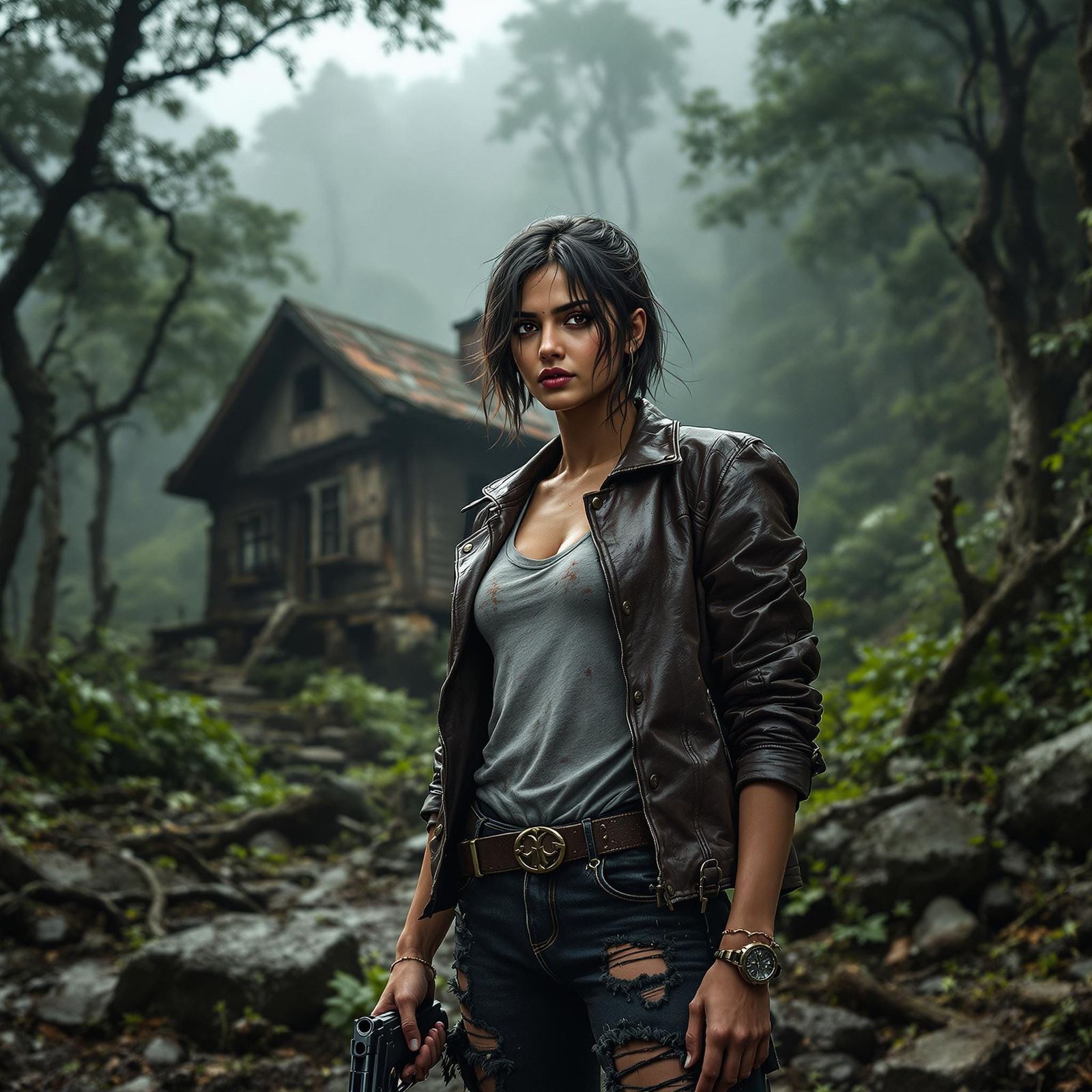 Strong Indian Woman Stands Guard in Jungle, Armed and Ready