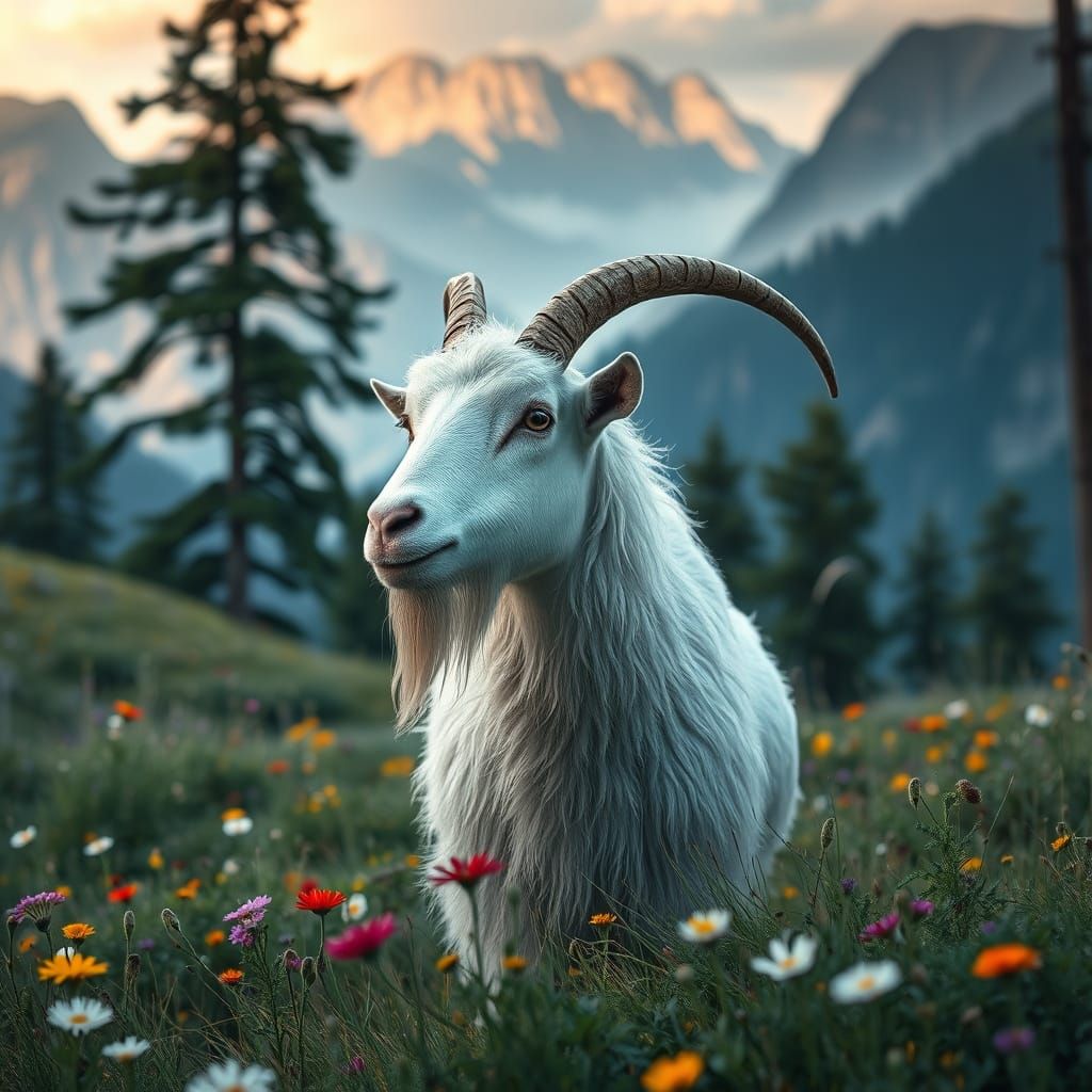 Majestic White Goat in a Serene Austrian Alps Meadow