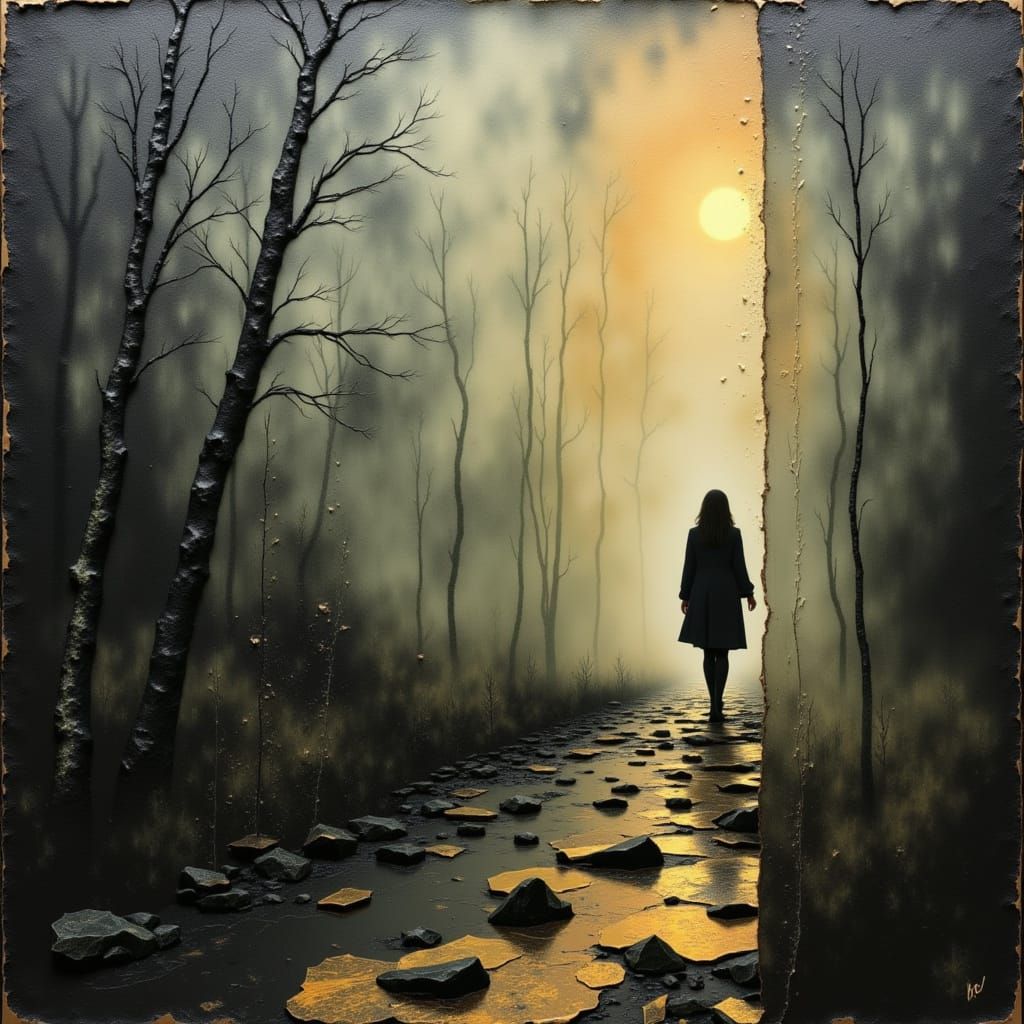 Abstract Scene of Ache, Fog, and Thread in Layered Textures