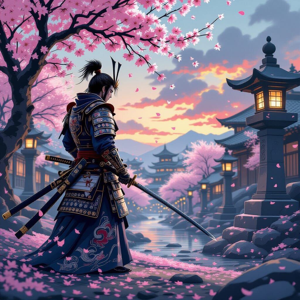 Samurai Warrior on Blossoms in Japanese Garden at Dusk