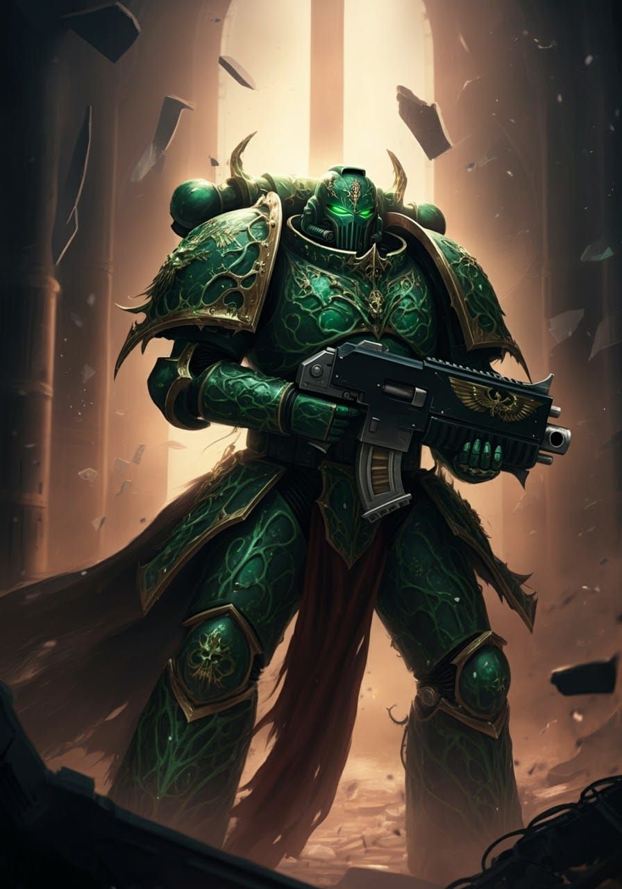 Jade Armored Warrior in War-Torn Chamber