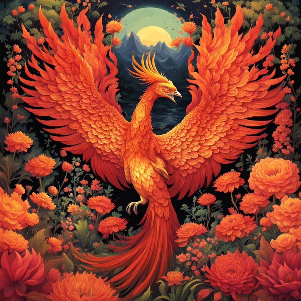 Anime Phoenix in a Colorful Garden