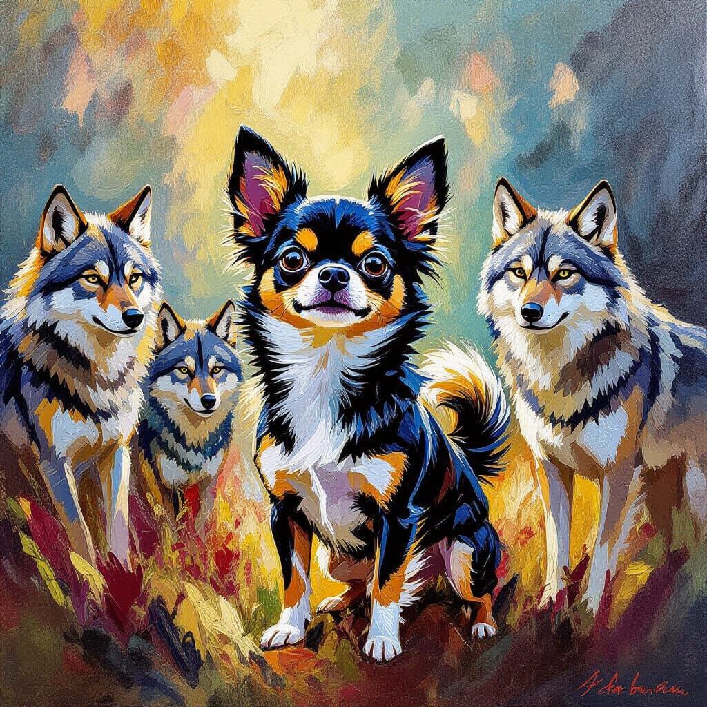 Brave Chihuahua Faces Majestic Wolf Pack in Impressionist St...