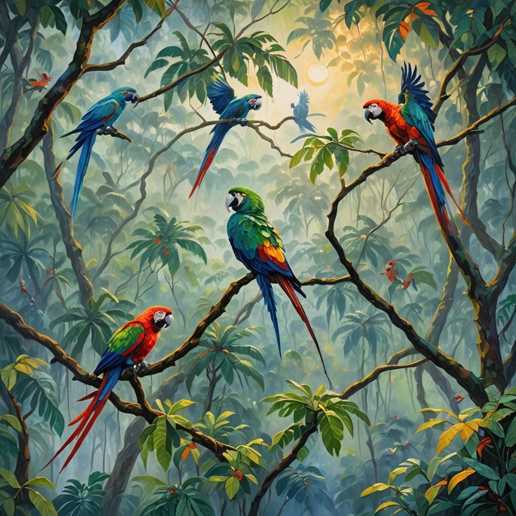 Amazon Rainforest Macaws in Neo-Impressionistic Style