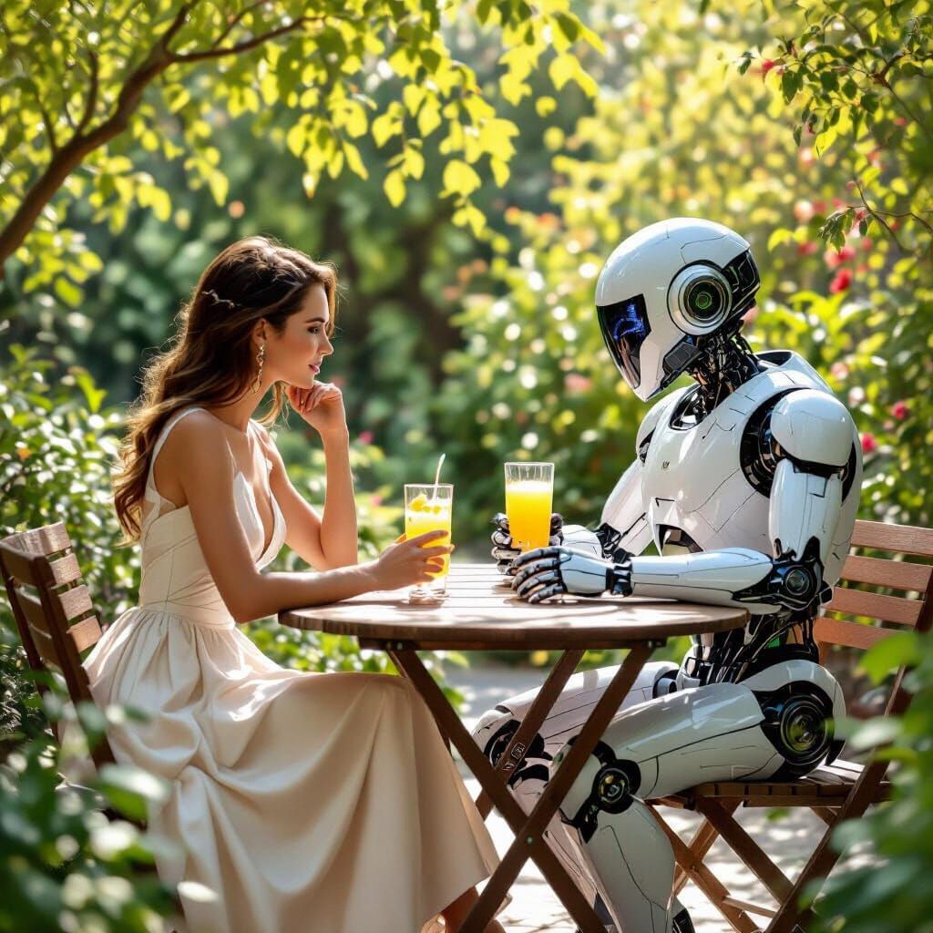 Woman and Robot Chatting in Sunny Garden, Concept Art