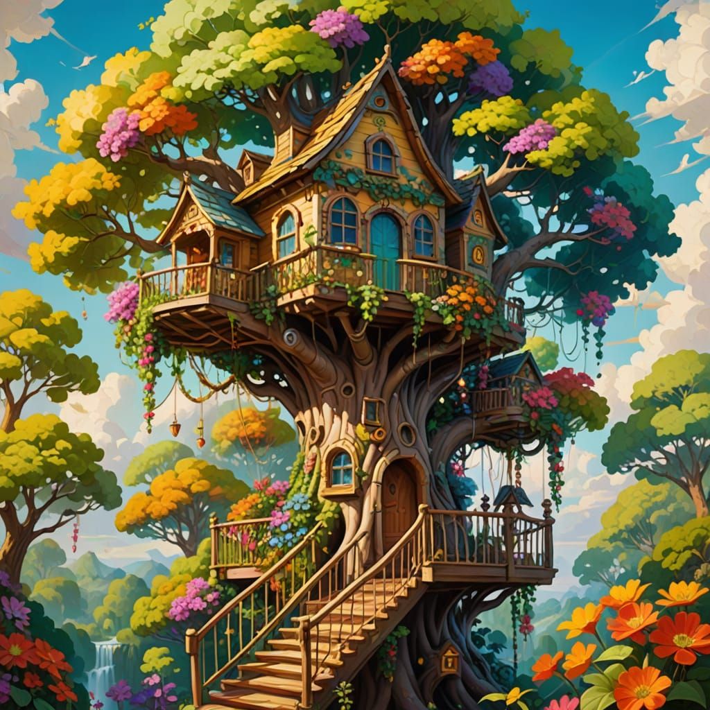 Whimsical Treehouse in Vibrant Oil Painting Style