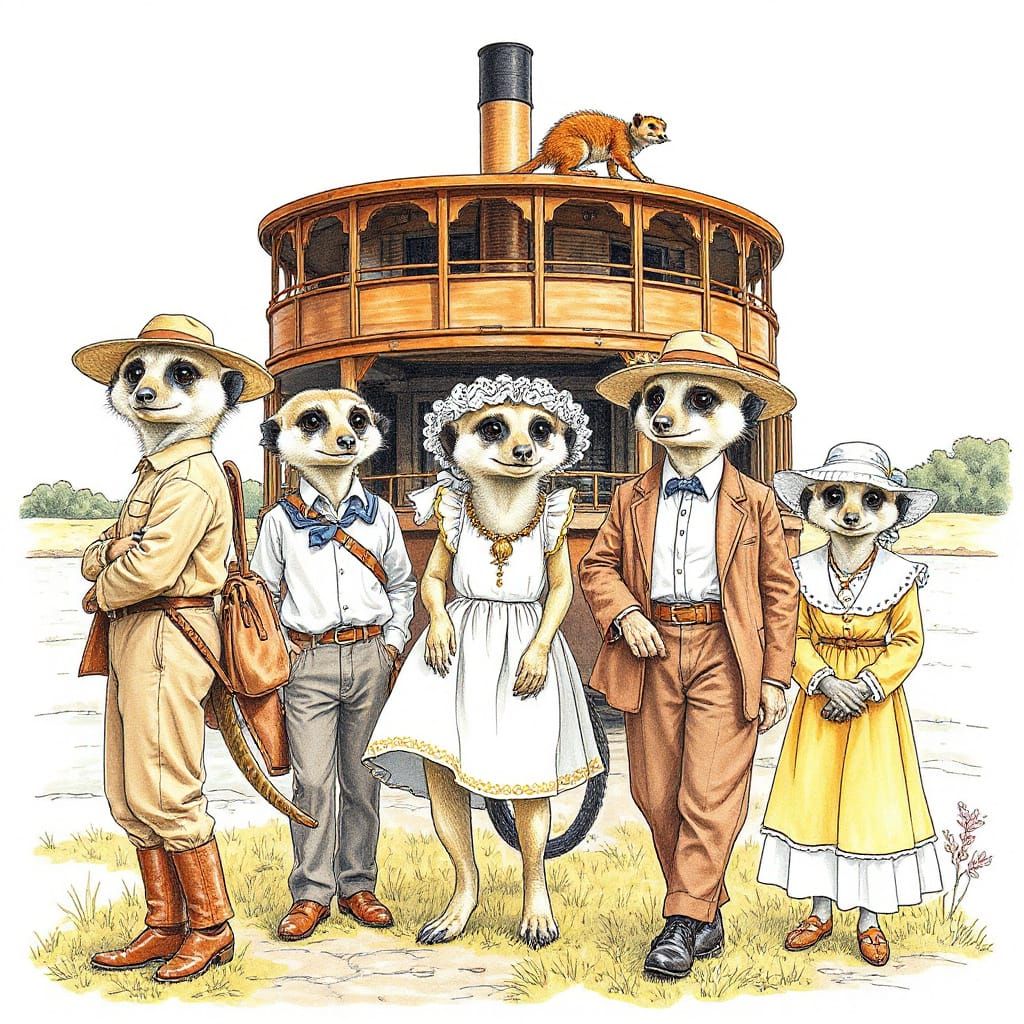 Meerkat Family Explores River Steamboat in Storybook Style
