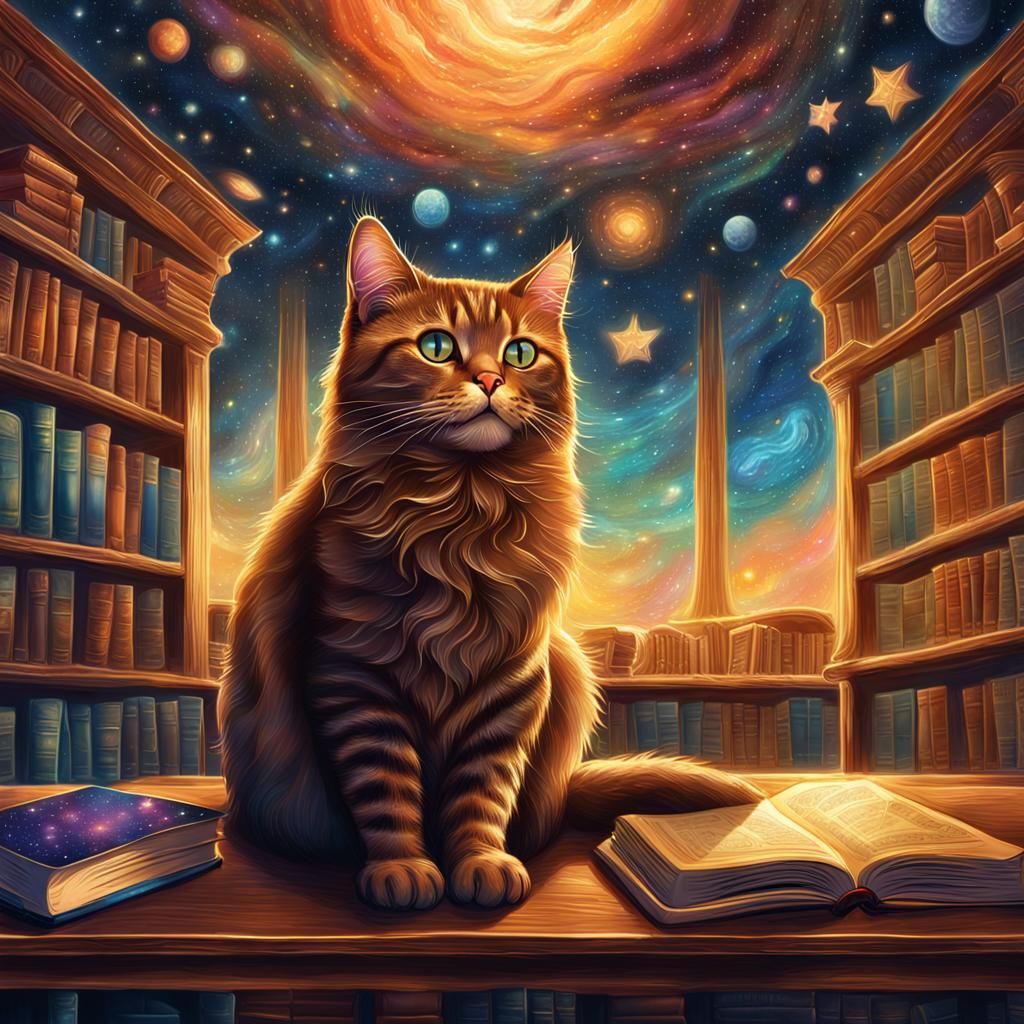 Cosmic Cat in Library: Pablo Amaringo Mixed Media