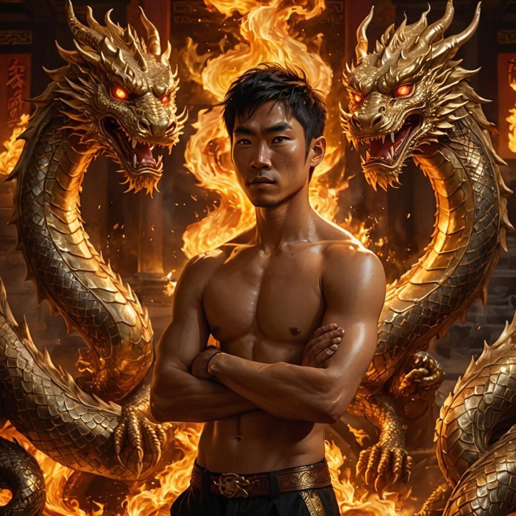 Asian Man with Golden Dragons in Hyperrealistic Art