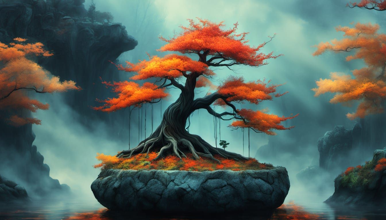 Surreal Maple Bonsai in Eerie Dreamlike Fog