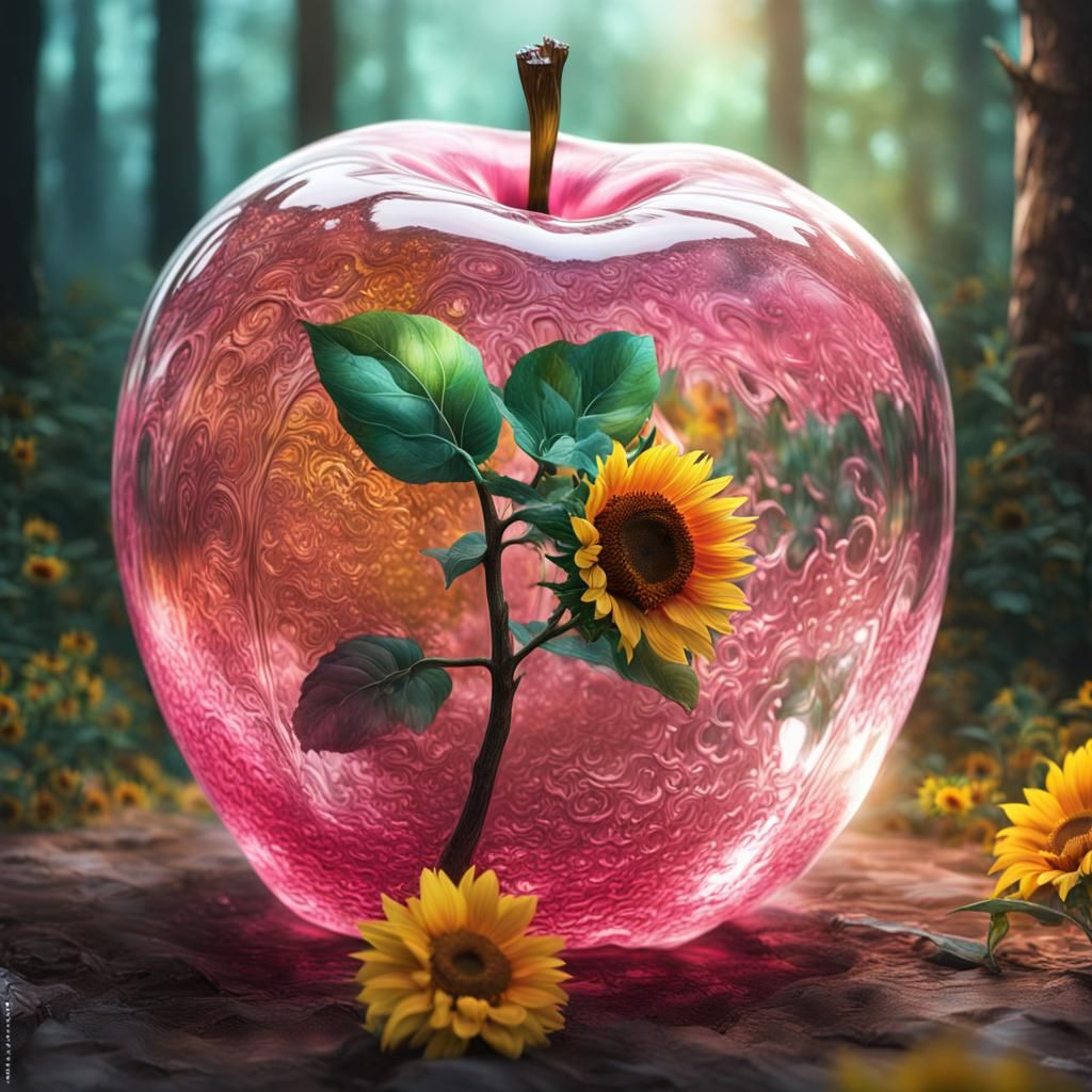 Pink Glass Apple with Sunflowers: Hyperrealistic Forest Art