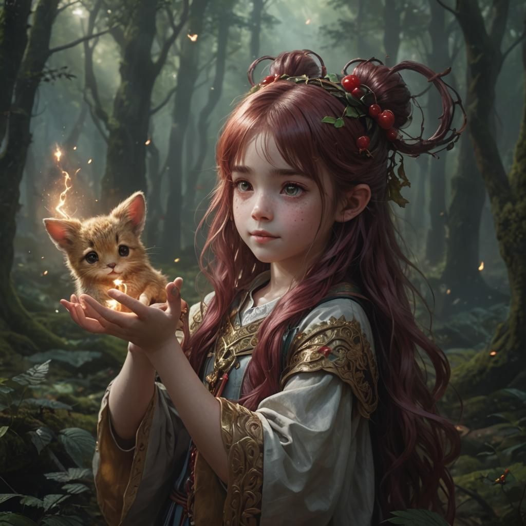 Cute Summoner Playing with Animals in Forest