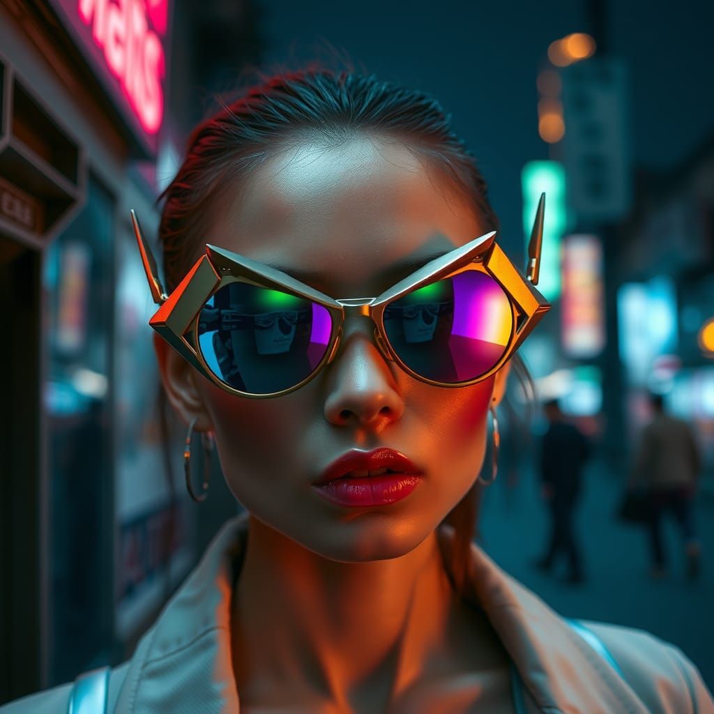 Futuristic Sunglasses in Cyberpunk Cityscape