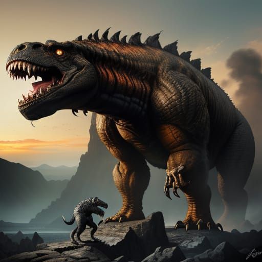 King Kong T-Rex Hybrid Roaring in Volcanic Landscape