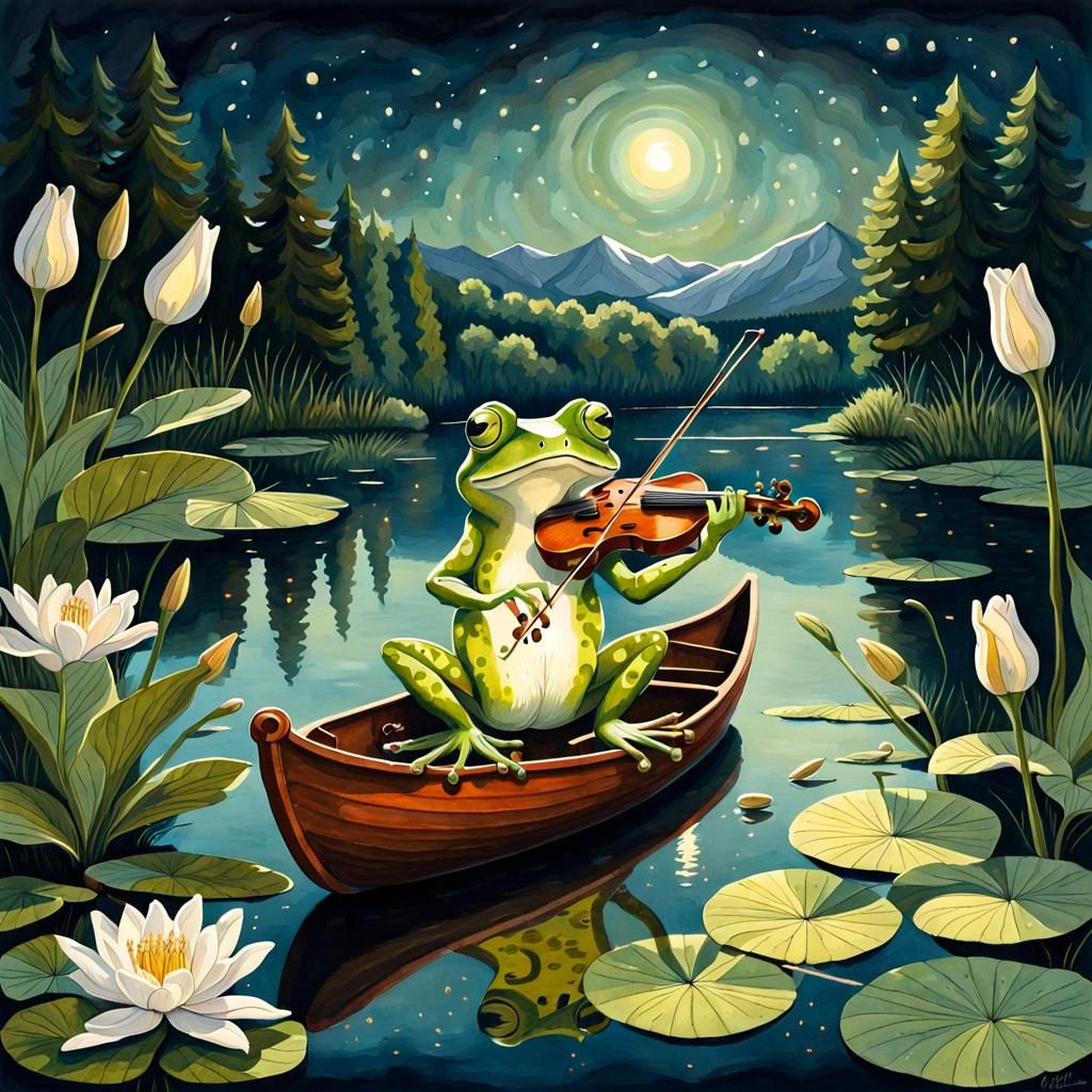 Frog's Romantic Lakeside Concert, Gouache Illustration