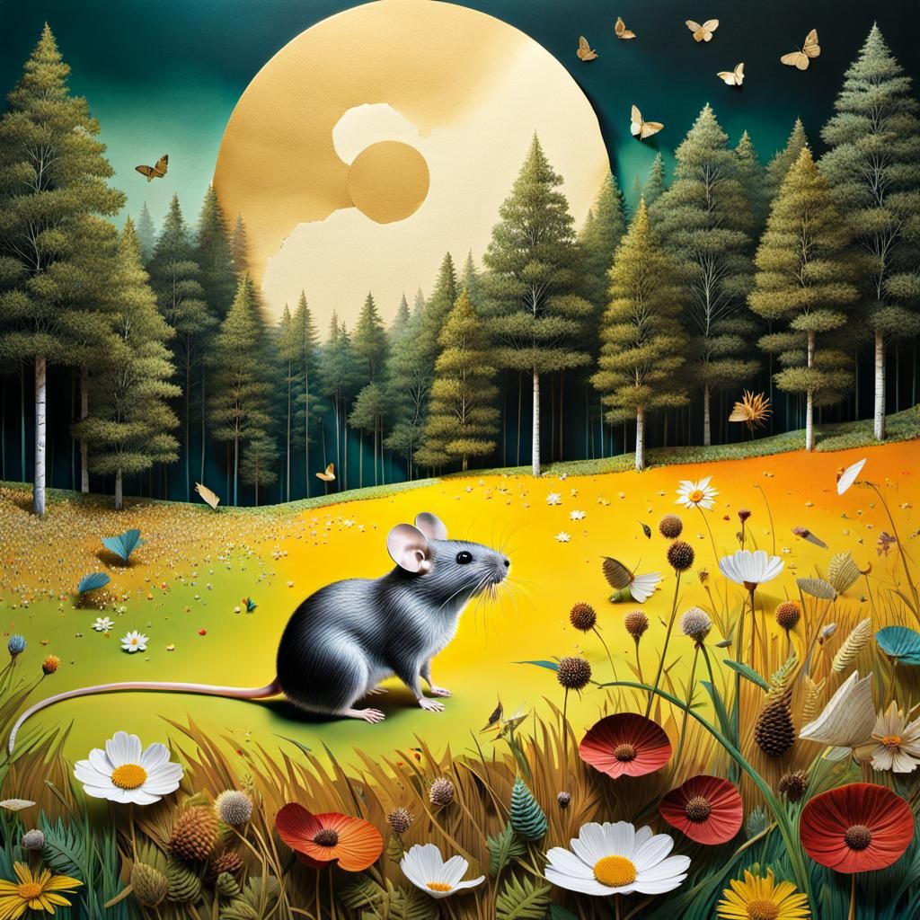 Mouse in Meadow Collage with Mixed Media Elements