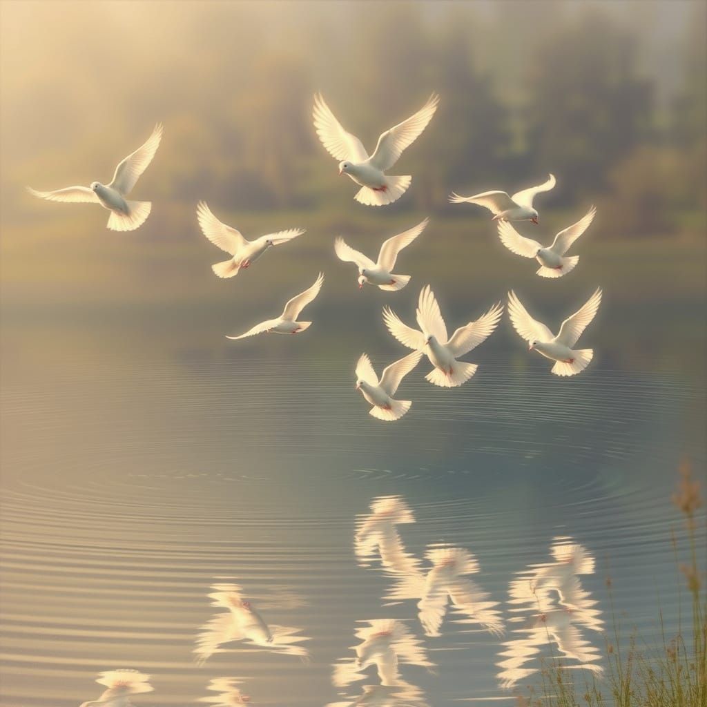 White Doves Soar in Perfect Harmony Over a Glassy Lake