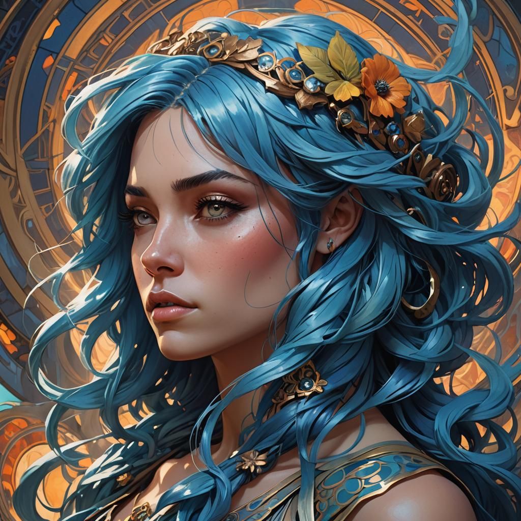 Ethereal Girl with Blue Locks in Vibrant, Art Nouveau-Inspir...