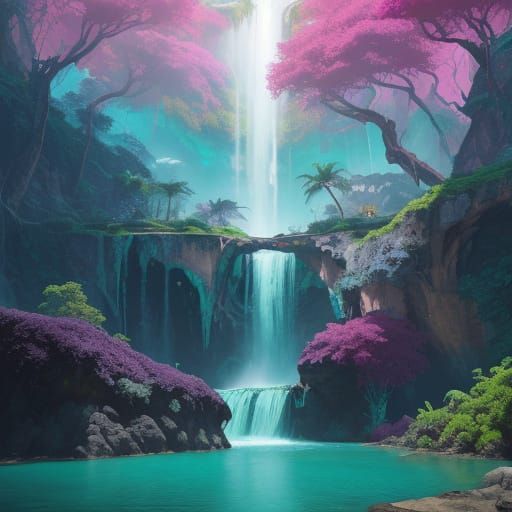 Vibrant, Iridescent Waterfalls in a Dreamlike Fantasy World