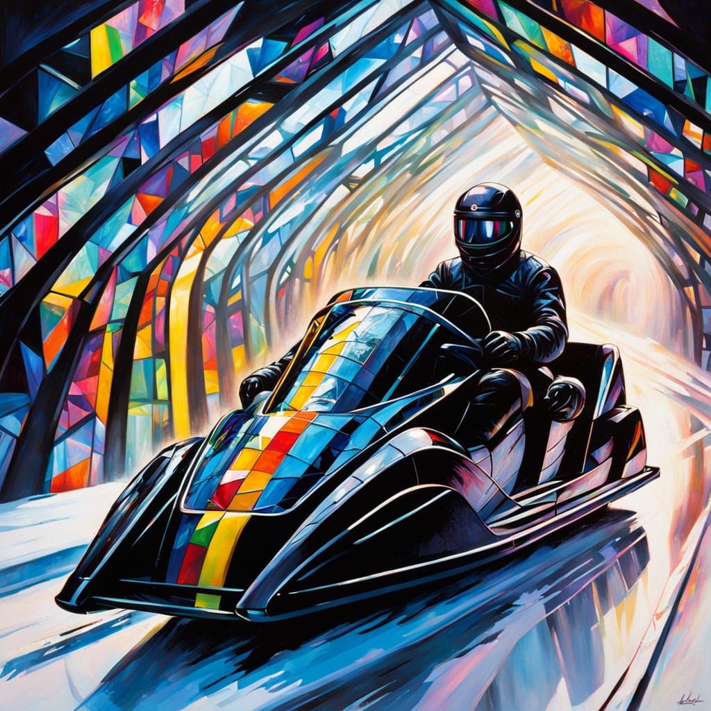 Stained Glass Bobsleigh on Ice Track in Neon Blacklight