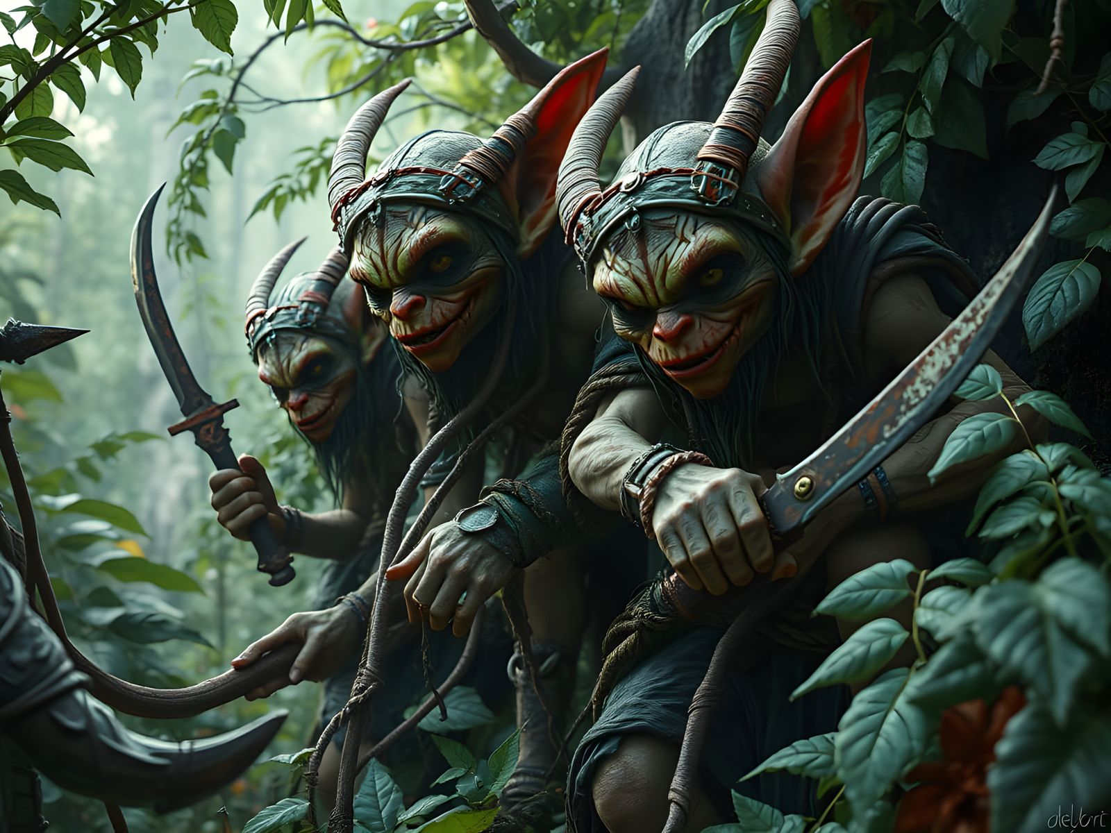 Goblins Ambush Travelers: Detailed Digital Matte Painting