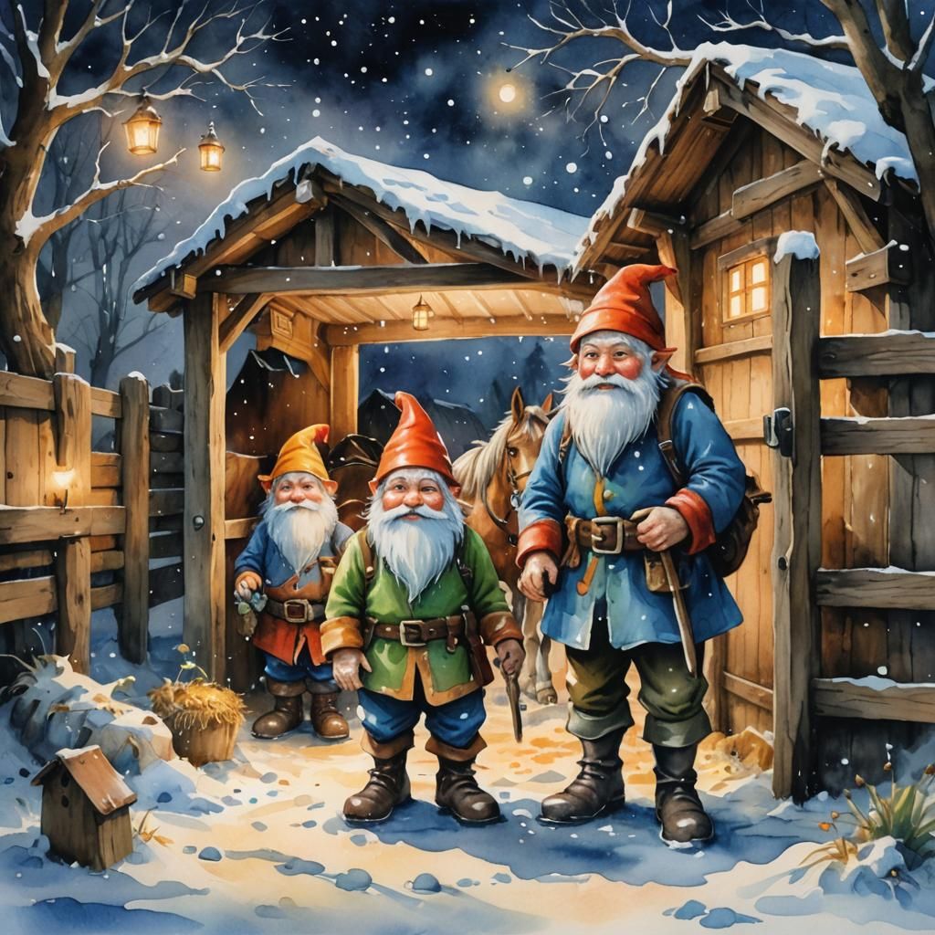 Gnomes in Stable: A Watercolor Painting