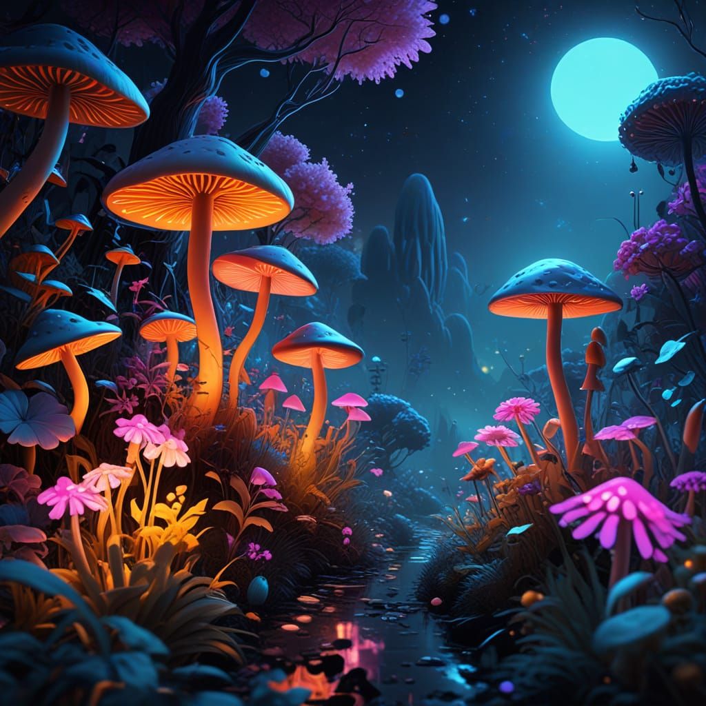Neon Flora in Whimsical Garden at Night