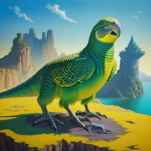 Surreal Dinosaur Budgie Hybrid in Oil Painting Style