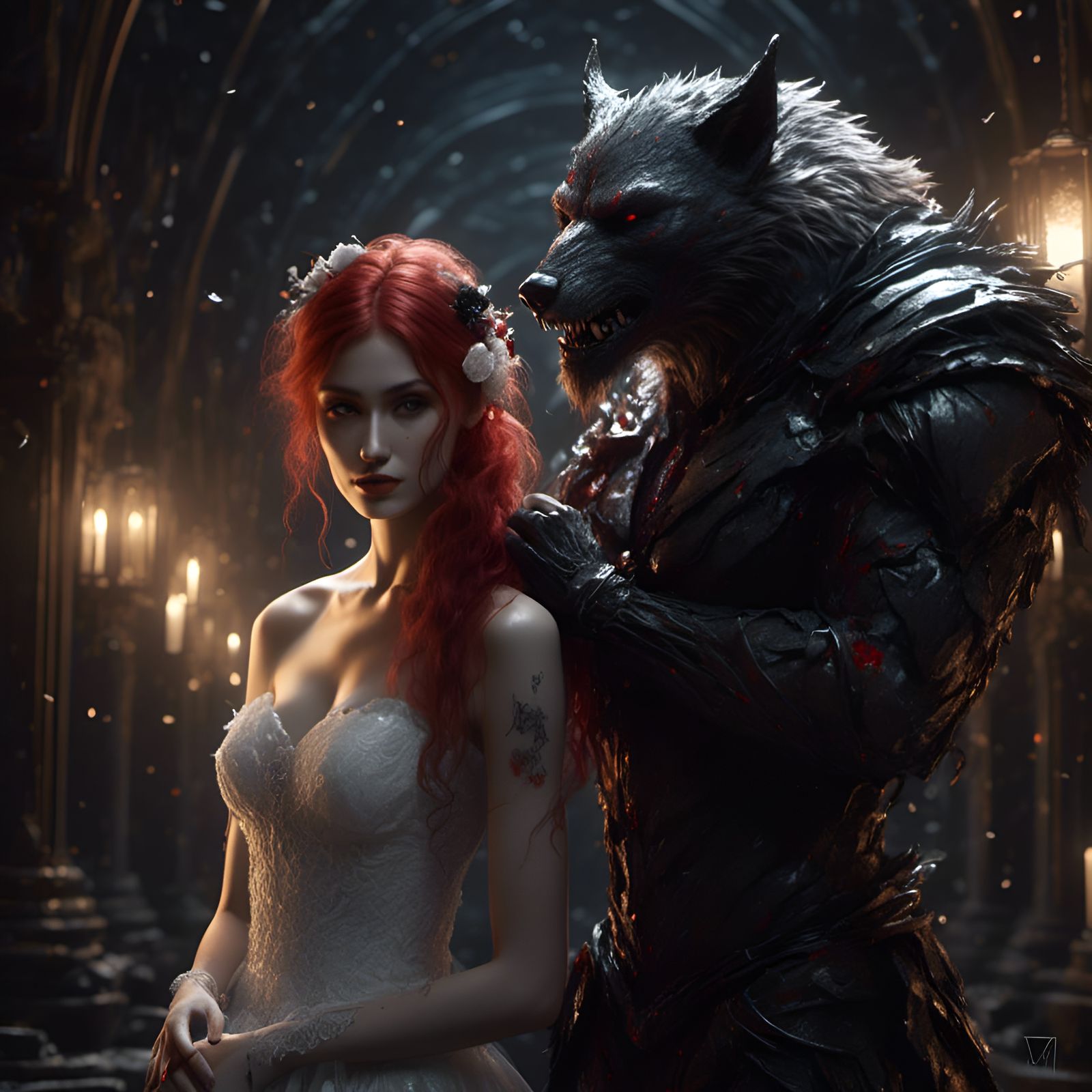 Gothic Werewolf and Red Hair Bride: Ink Drawing