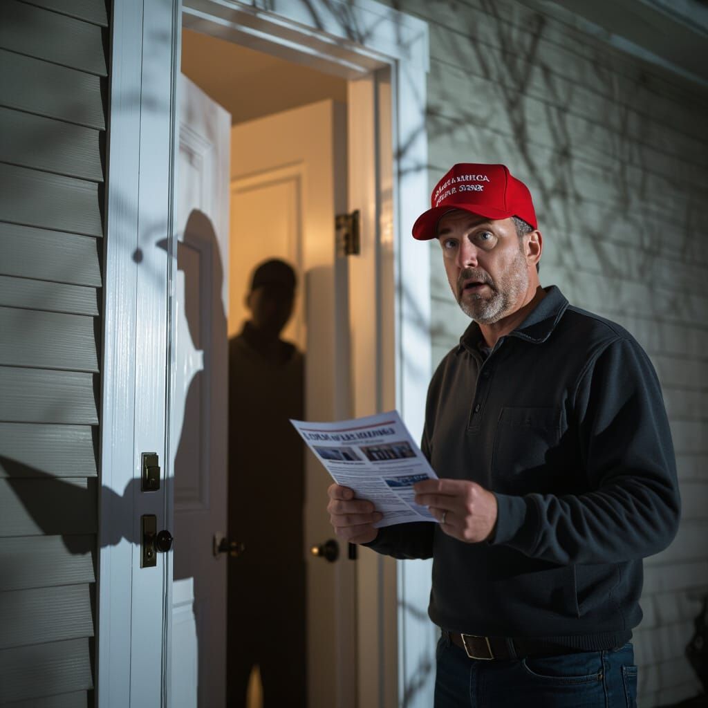 Man in MAGA Hat Confused on Suburban Porch