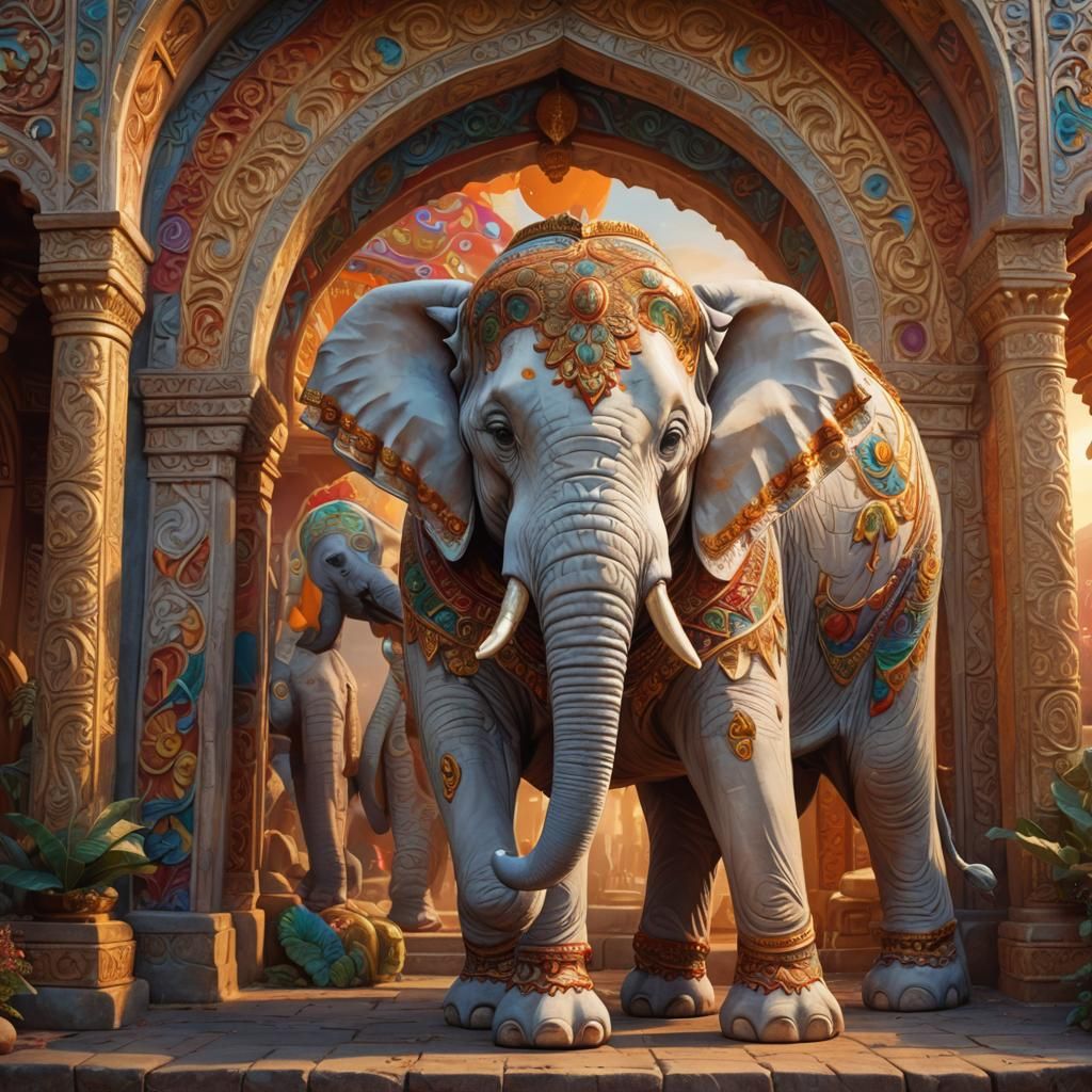 White Elephant Under Ornate Arch in Vibrant Oil Painting