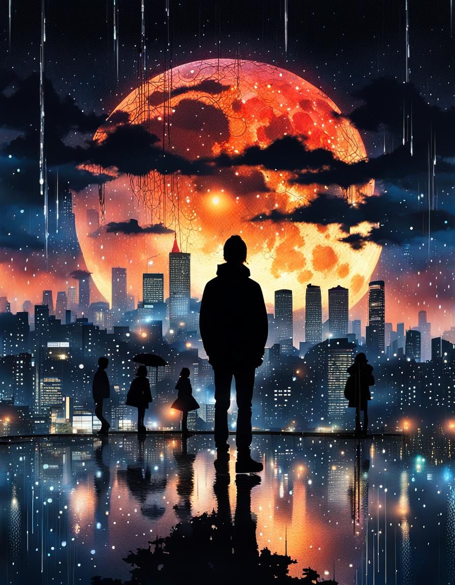 Tokyo Cityscape with Cosmic Sky in Anime Style