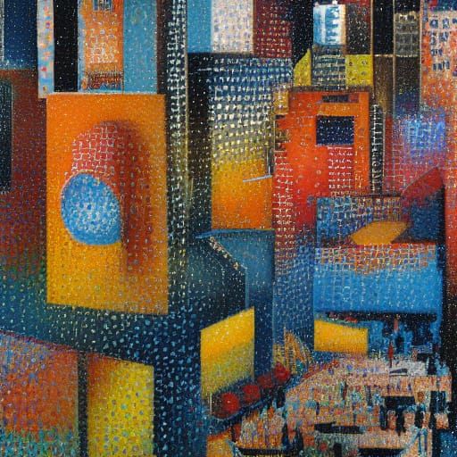 Detroit Urban Scene in Pointillist Style