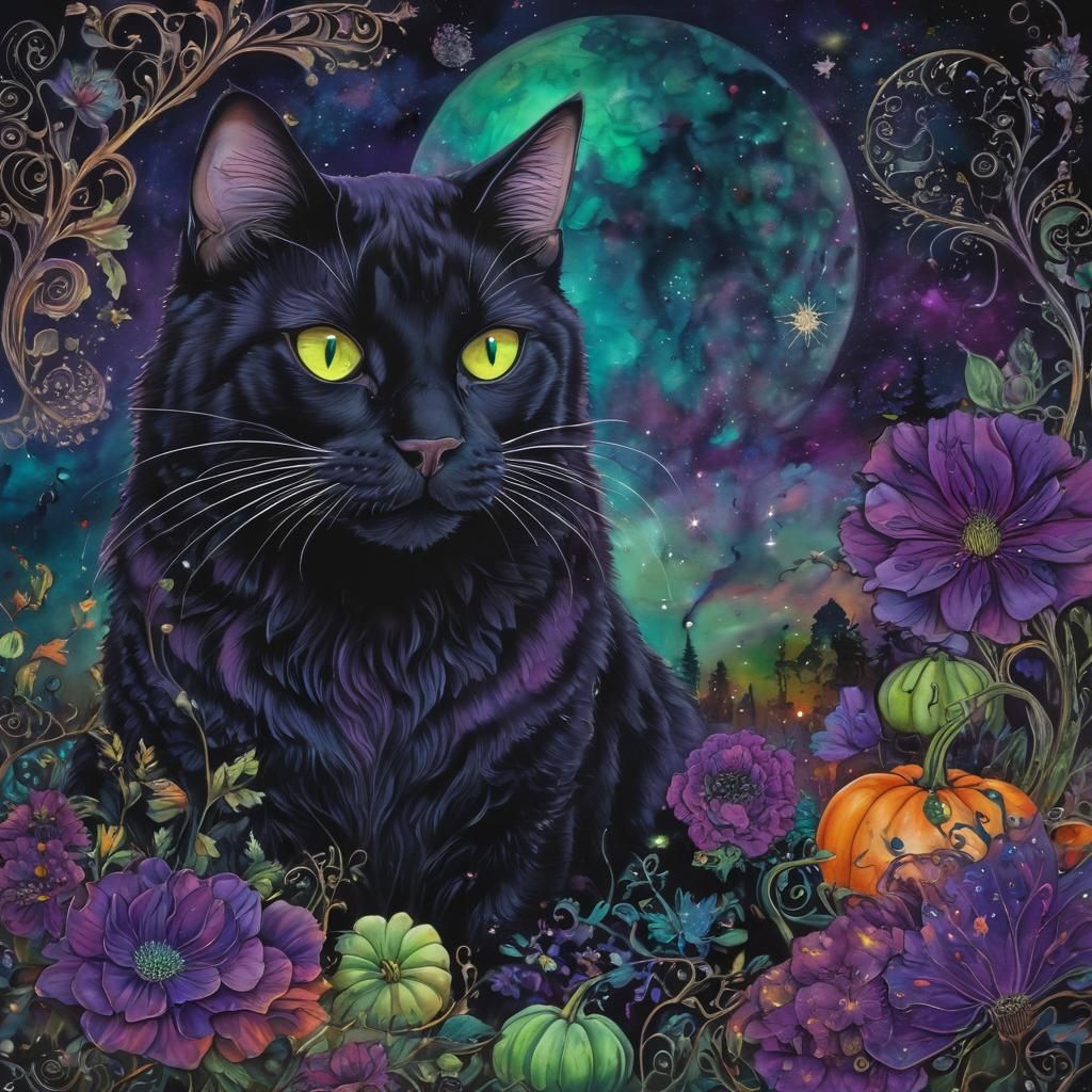 Bioluminescent Black Cat in Gothic Alcohol Ink Landscape