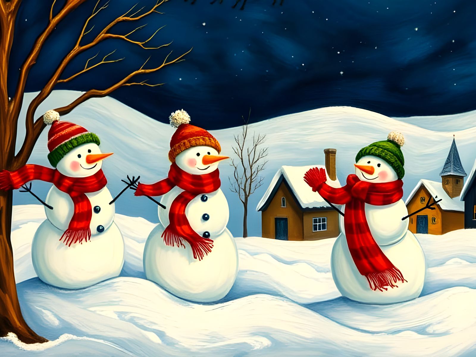 Folk Art Christmas Scene with Whimsical Snowmen