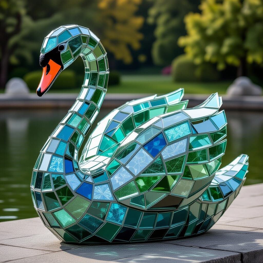 Detailed Swan Statue Made of Broken Glass