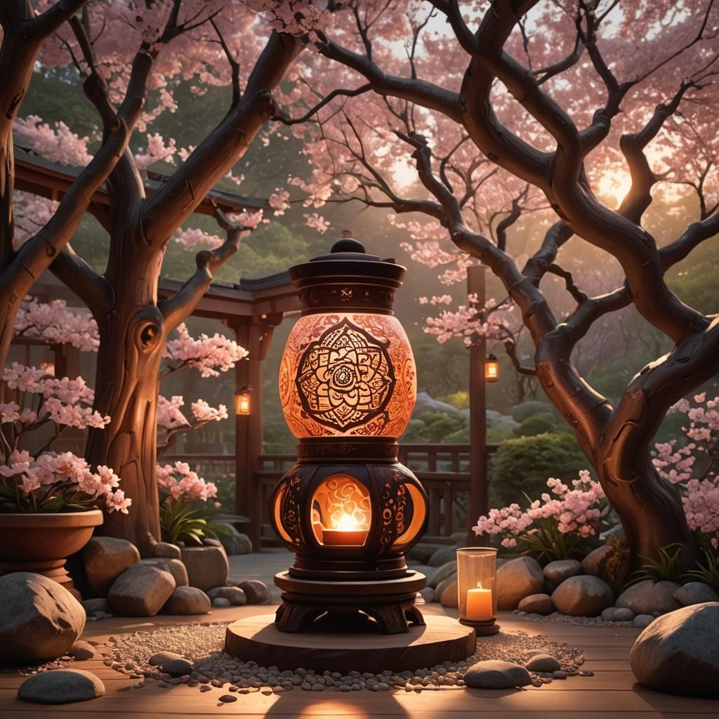 Salt Lamp Illuminates Asian Garden: Fantasy Concept Art