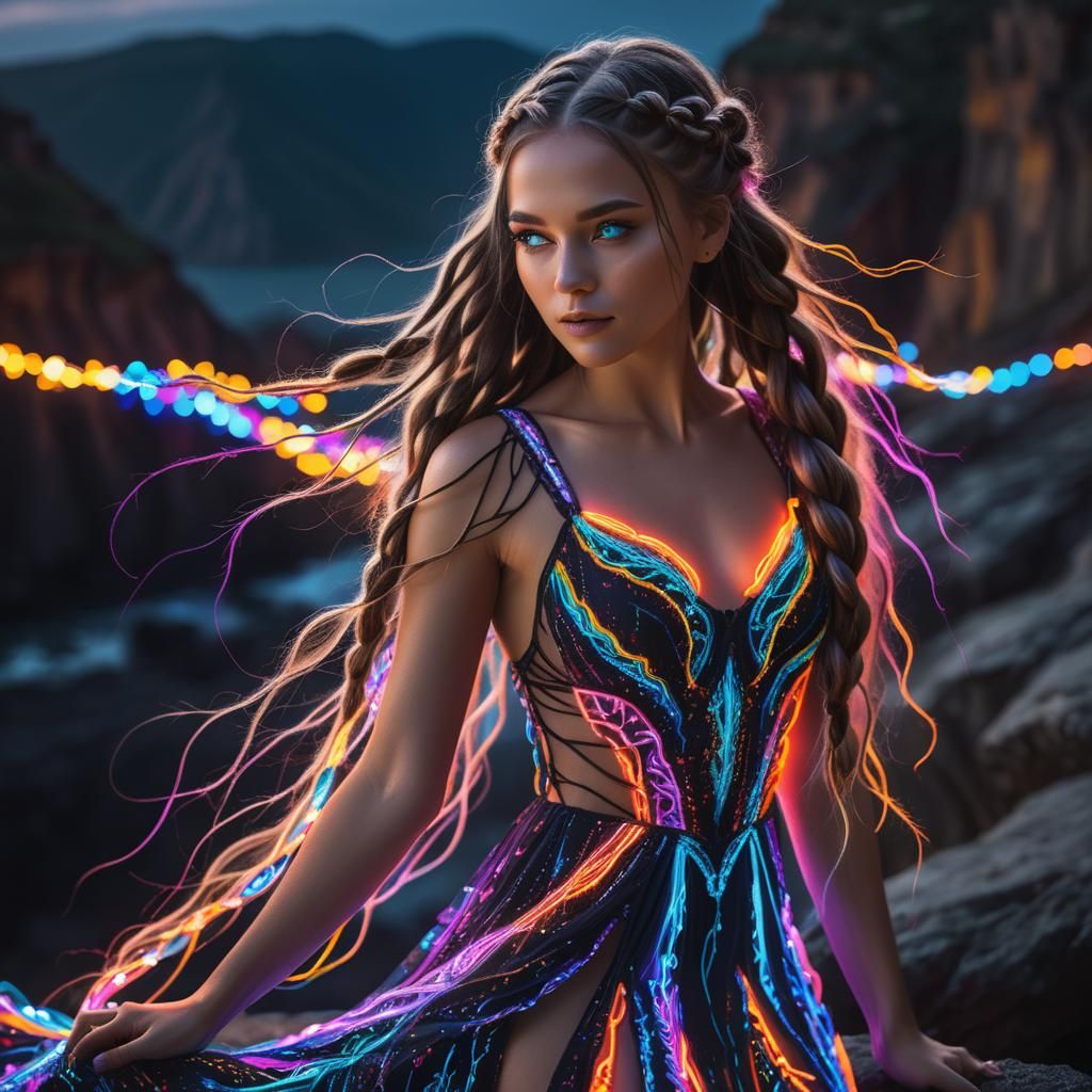 Neon Dress Beauty on Dark Cliff