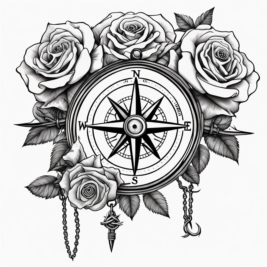 Compass and Roses Tattoo Design in Line Art